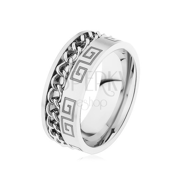 Jeklen prstan srebrne barve, vdolbina z verigo, grški spiralni vzorec