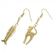 Jekleni uhani zlate barve - mačka in ribja kost, prozorni cirkoni