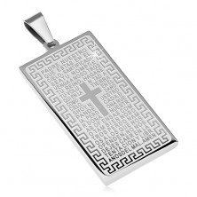 Obesek iz nerjavečega jekla, pravokotna ploščica z molitvijo in križ