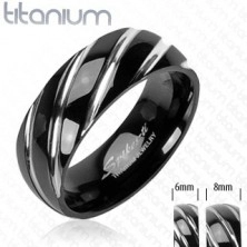Titanov prstan črne barve - ozke poševne zareze srebrne barve