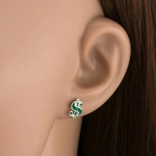 Vtični uhani iz srebra 925, simbol dolarja, temno zelena glazura