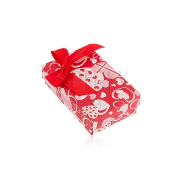 Rdeča darilna škatlica za uhane in prstan ali obesek, srca, pentlja