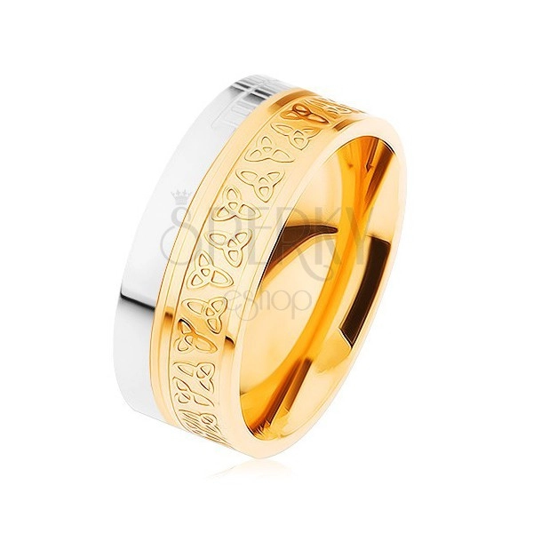 Prstan iz jekla, srebrne in zlate barve, keltski vozli