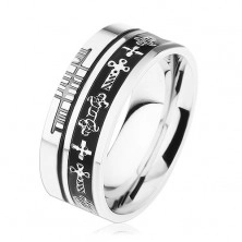 Jeklen prstan srebrne barve, črna pasova, keltski simboli
