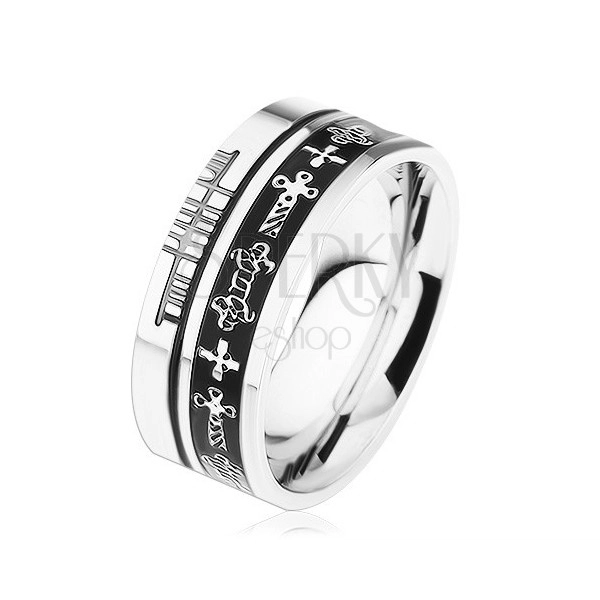 Jeklen prstan srebrne barve, črna pasova, keltski simboli
