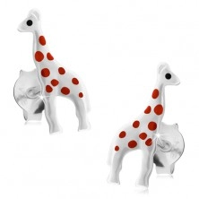 Uhani iz srebra 925, sijoča bela žirafa z rdečimi pikami, čepki