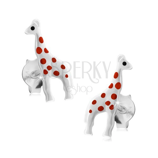 Uhani iz srebra 925, sijoča bela žirafa z rdečimi pikami, čepki