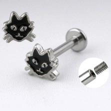 Jeklen labret srebrne barve – mačka s črno glazuro
