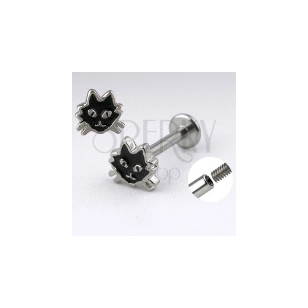 Jeklen labret srebrne barve – mačka s črno glazuro