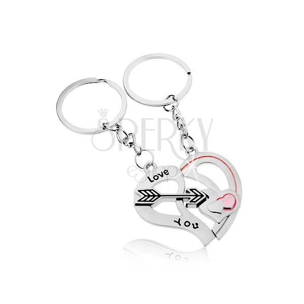 Obesek za ključe za par,  srebrna barva, dve polovici srca, puščica, napis