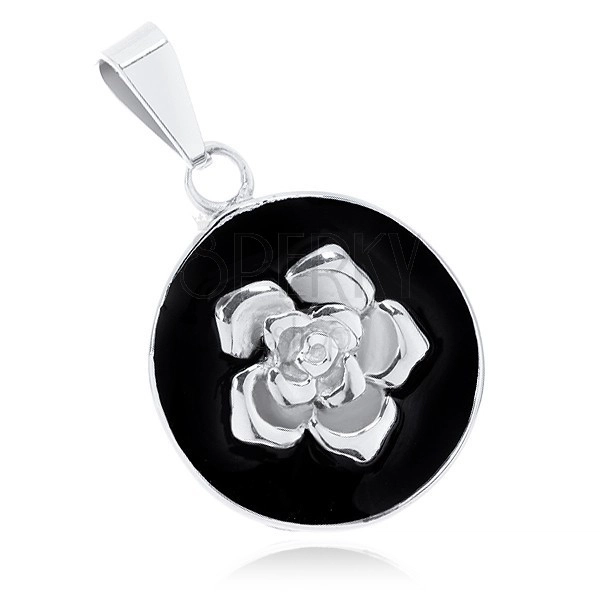 Obesek iz jekla 316L, mat črn krog, bleščeča vrtnica srebrne barve
