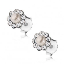 Uhani, srebro 925, čepki, cvet - kristali Preciosa in bela perlica