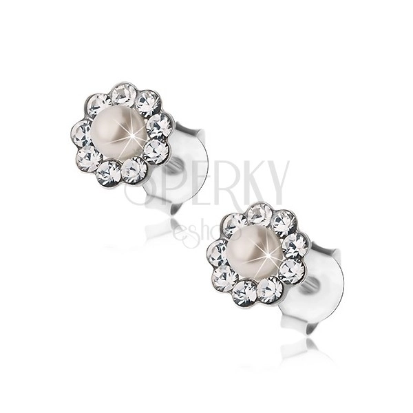 Uhani, srebro 925, čepki, cvet - kristali Preciosa in bela perlica