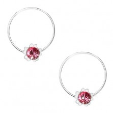 Obročasti uhani iz srebra 925, rožnat cvet, okrogel kristal swarovski
