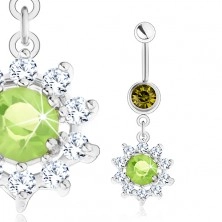 Jeklen piercing za popek, srebrne barve, cvet - zelen cirkon, prozorni cvetni listi