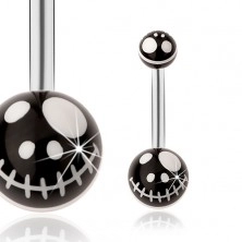 Jeklen piercing za popek, črni kroglici - lobanja iz animiranega filma