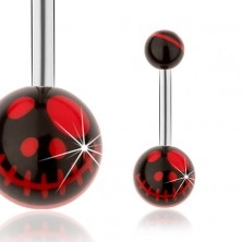 Jeklen piercing za popek, črni kroglici, motiv lobanje iz animiranega filma