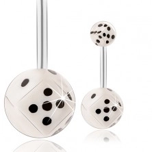 Jeklen piercing za popek, kroglica - bela kocka v prosojni glazuri
