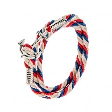 Pletena zapestnica iz modre, rdeče in dveh belih vrvic, bleščeče sidro