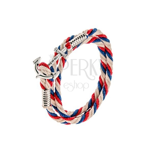 Pletena zapestnica iz modre, rdeče in dveh belih vrvic, bleščeče sidro