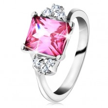 Lesketav prstan srebrne barve, pravokoten rožnat cirkon