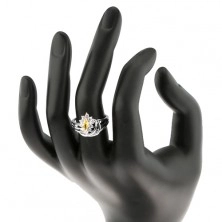 Lesketav prstan z razdeljenima krakoma, cirkonsko zrno rumene barve, prozorna obroba