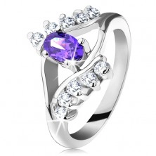 Sijoč prstan srebrne barve z ovalnim vijoličnim cirkonom, prozorna linija