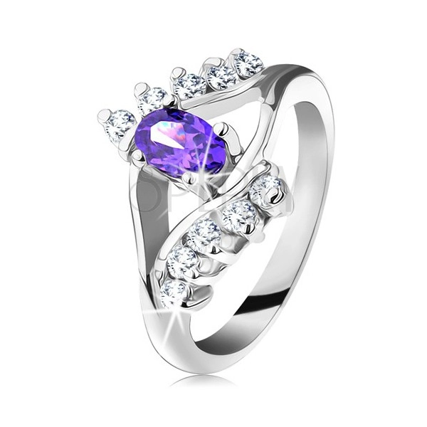 Sijoč prstan srebrne barve z ovalnim vijoličnim cirkonom, prozorna linija