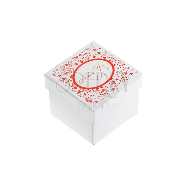 Sijoča bela škatlica za prstane, uhane ali obeske, rdeč tisk