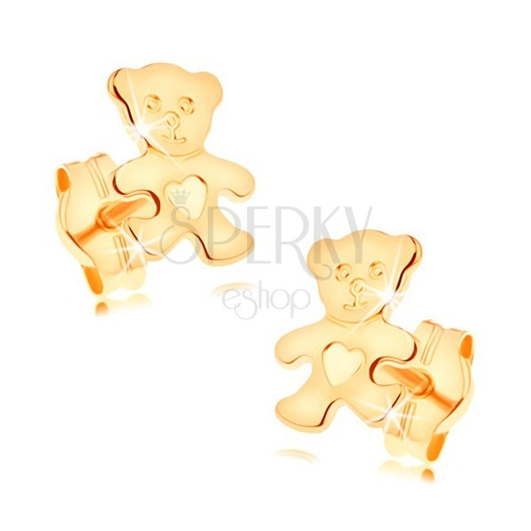 Uhani iz rumenega 14K zlata - lesketav ravne medvedek s srcem na trebuhu