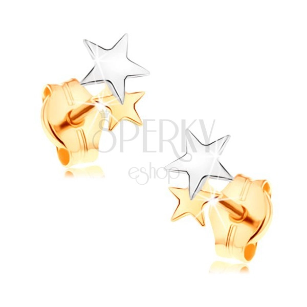 Vtični uhani iz 14K zlata - sijoči dvobarvni zvezdici