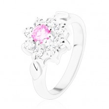 Prstan srebrne barve, rožnato-prozoren cirkonski cvet, drobni listi