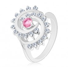 Prstan srebrne barve, spirala s prozorno obrobo, okrogel rožnat cirkon