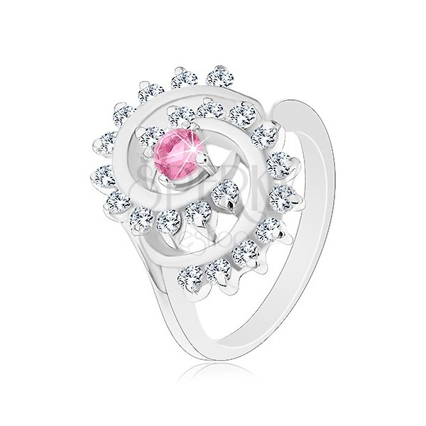 Prstan srebrne barve, spirala s prozorno obrobo, okrogel rožnat cirkon
