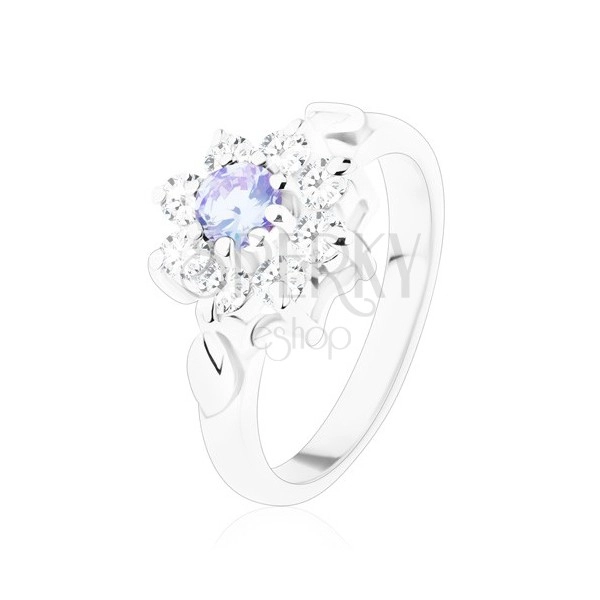 Lesketav prstan s cirkonskim cvetom v svetlo vijolični in prozorni barvi, listka