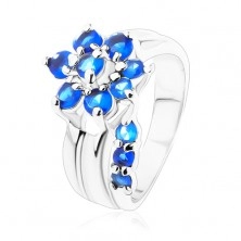 Bleščeč prstan z razdeljenima krakoma, cirkonska cvetlica modre barve