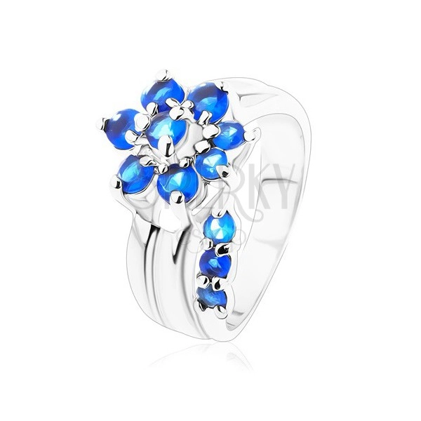 Bleščeč prstan z razdeljenima krakoma, cirkonska cvetlica modre barve