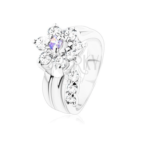 Lesketav prstan, ukrivljeno steblo, cirkonski cvet svetlo vijolične in prozorne barve