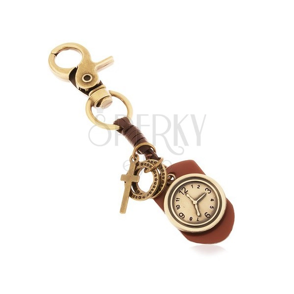 Obesek za ključe v medeninastem odtenku, umetno usnje z uro, obročka in križ