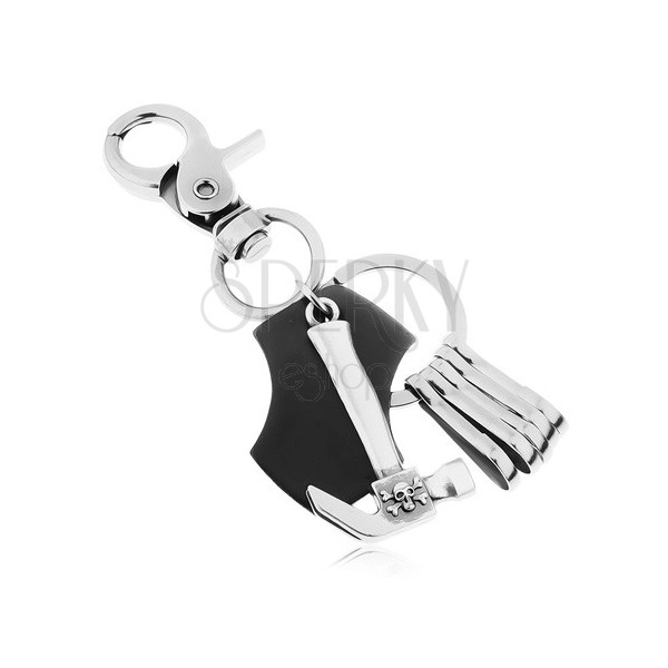 Obesek za ključe - mat temno siva površina, črno umetno usnje s kladivom