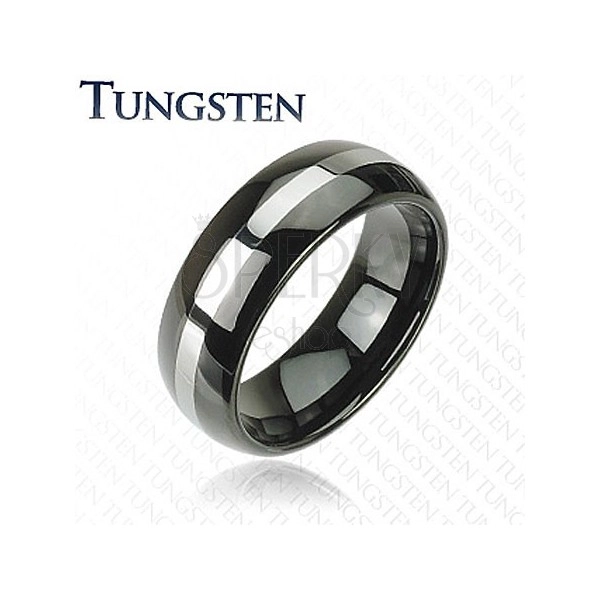 Črn volframov prstan, linija srebrne barve, zaobljena površina, 8 mm