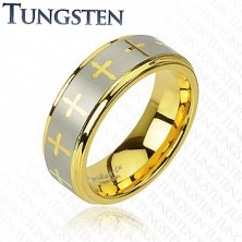 Volframov prstan v zlatem odtenku, križi in linija srebrne barve, 8 mm