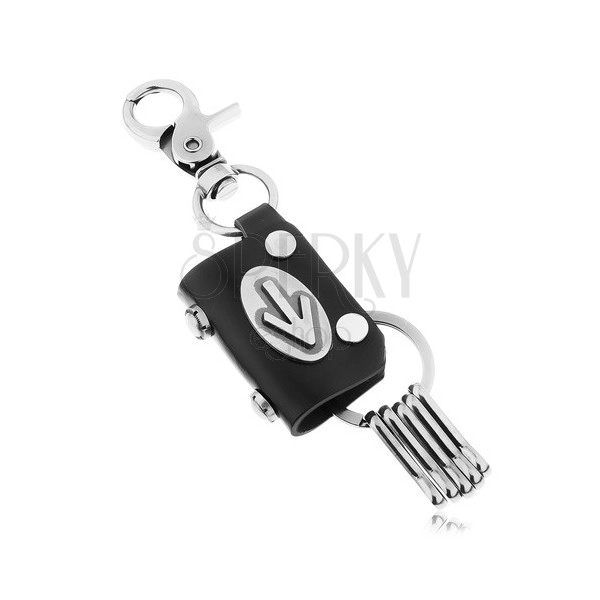 Sivo-črn obesek za ključe, črno umetno usnje, oval s puščico, okrasne zakovice