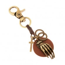 Patinast obesek za ključe v medeninasti barvi, krog iz umetnega usnja z roko, obročka, križ