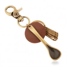 Obesek za ključe v medeninastem odtenku, kolesce iz rjavega umetnega usnja, žlica