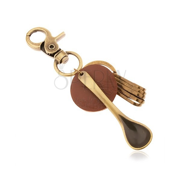 Obesek za ključe v medeninastem odtenku, kolesce iz rjavega umetnega usnja, žlica