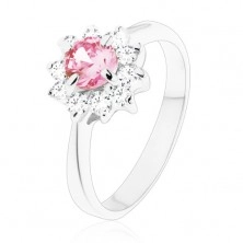 Sijoč prstan s cirkonskim cvetom rožnate in prozorne barve, zožena kraka