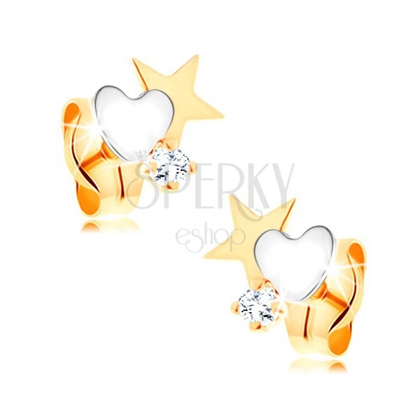 Dvobarvni uhani iz zlata 585 - zvezda in srce, okrogel prozoren cirkon
