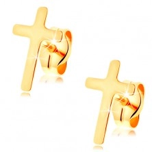 Uhani iz rumenega 14K zlata - majhen latinski križ, visok lesk, čepka