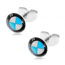 Okrogli jekleni uhani - logotip avtomobilske znamke v črni, beli in modri barvi, čepki